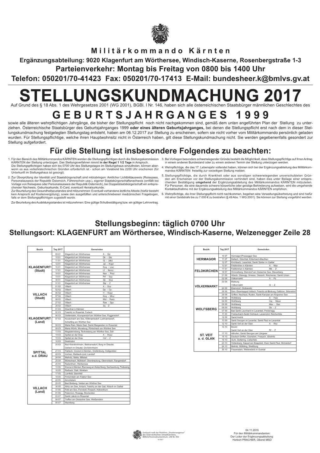 STELLUNGSKUNDMACHUNG 2017 Auf Grund Des § 18 Abs