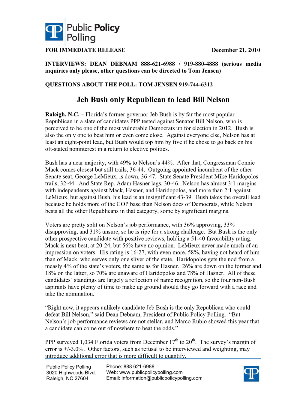 Jeb Bush Only Republican to Lead Bill Nelson