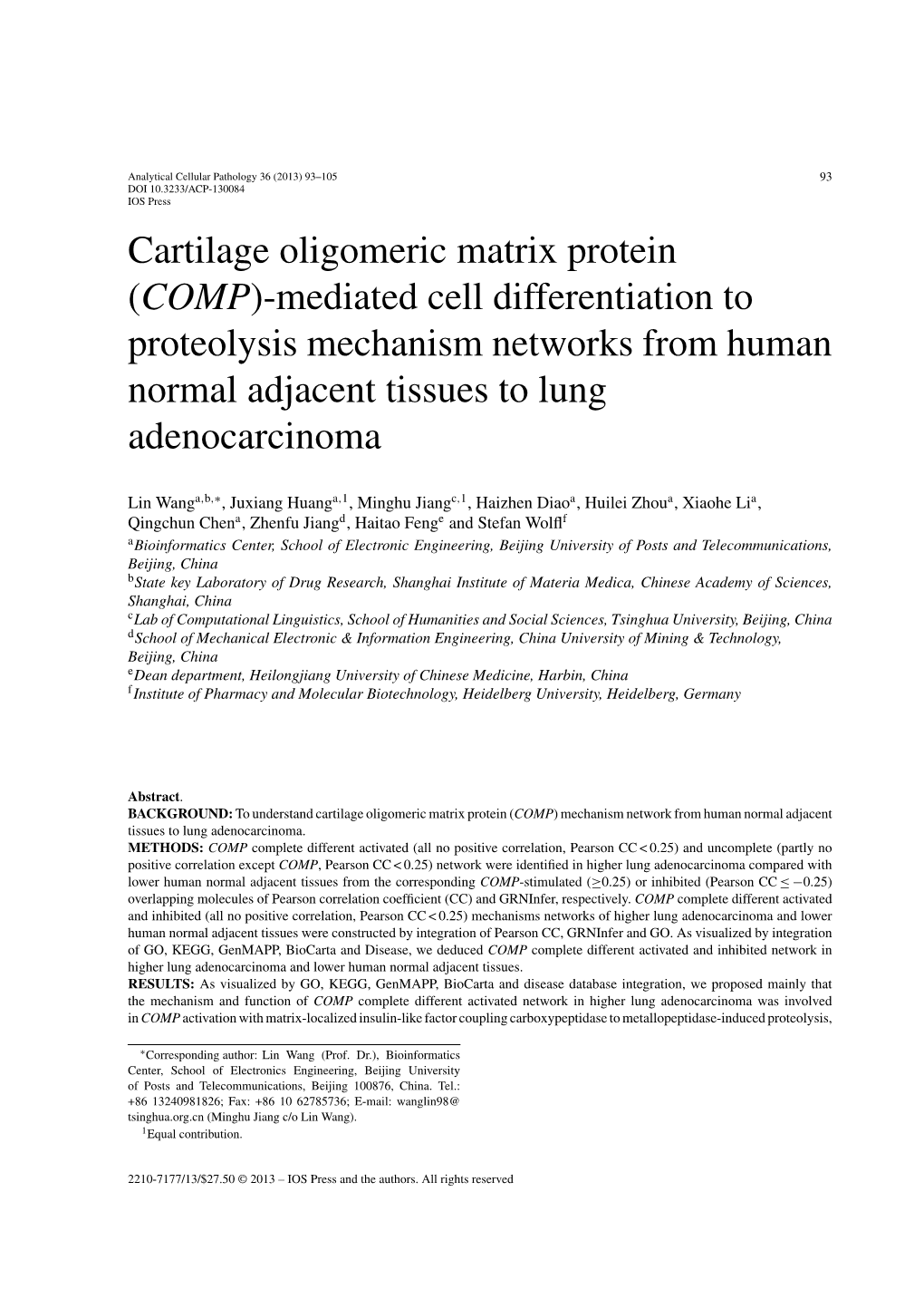 Cartilage Oligomeric Matrix Protein (COMP)-Mediated Cell Differentiation to Proteolysis Mechanism Networks from Human Normal Adjacent Tissues to Lung Adenocarcinoma