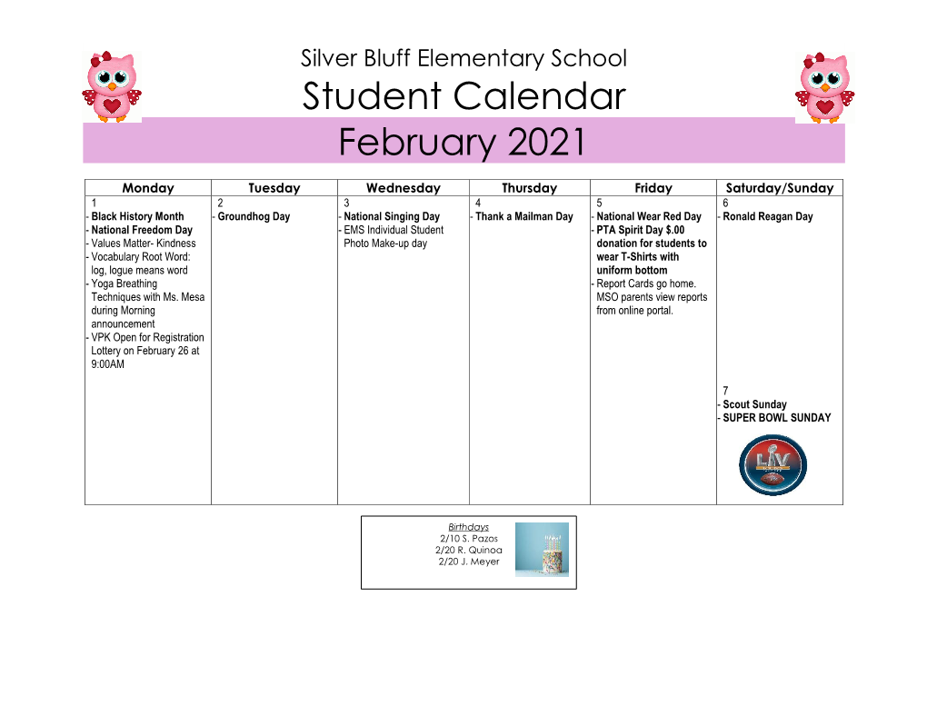 SBE February Student Calendar 2021