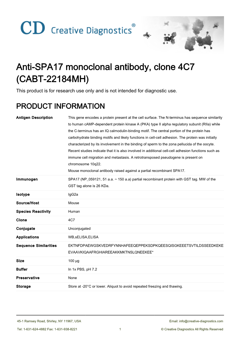 Anti-SPA17 Monoclonal Antibody, Clone 4C7 (CABT-22184MH) This Product Is for Research Use Only and Is Not Intended for Diagnostic Use