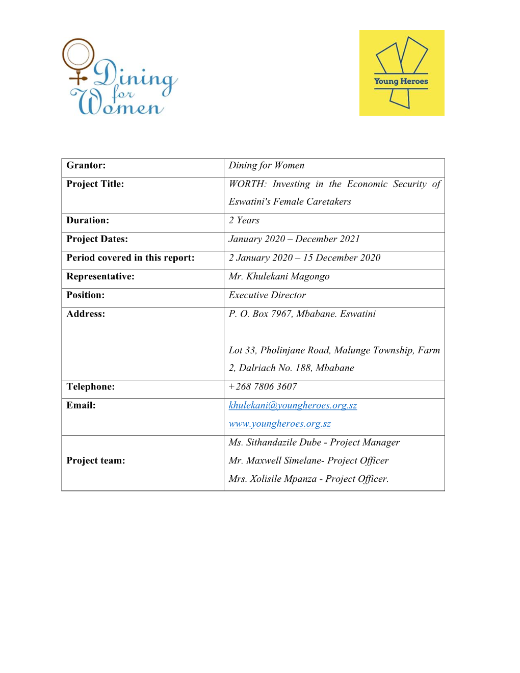 Grantor: Dining for Women Project Title: WORTH: Investing in the Economic Security of Eswatini's Female Caretakers Duration