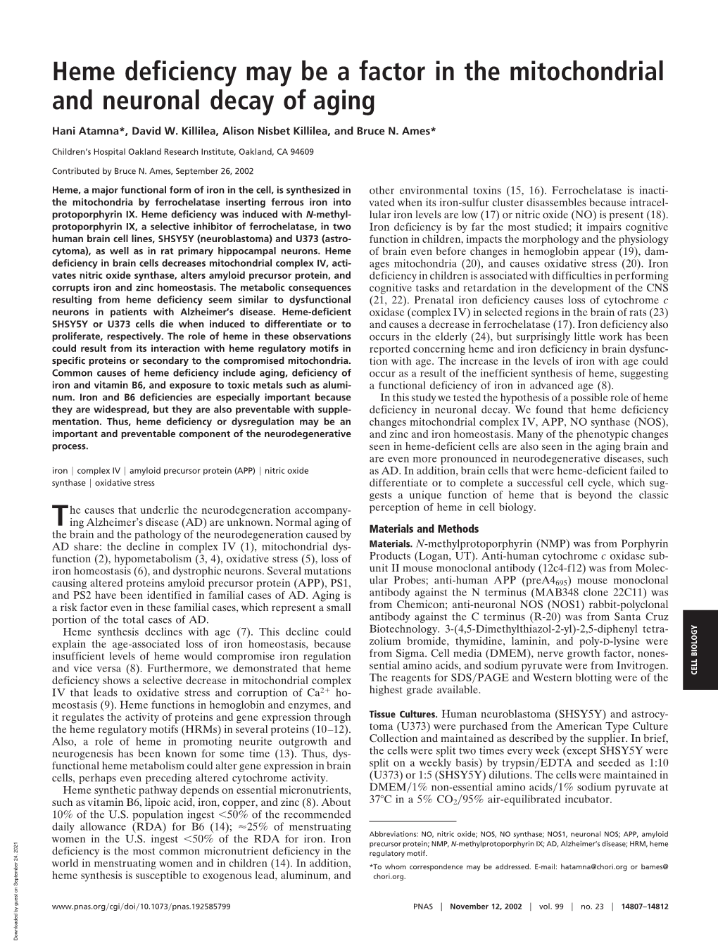 Heme Deficiency May Be a Factor in the Mitochondrial and Neuronal Decay of Aging