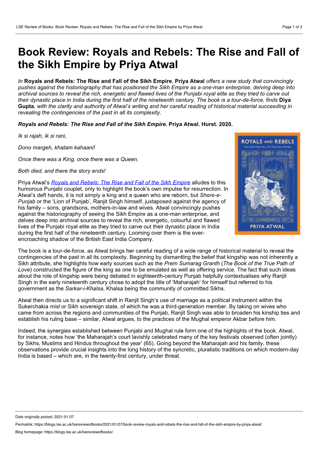 LSE Review of Books: Book Review: Royals and Rebels: the Rise and Fall of the Sikh Empire by Priya Atwal Page 1 of 3