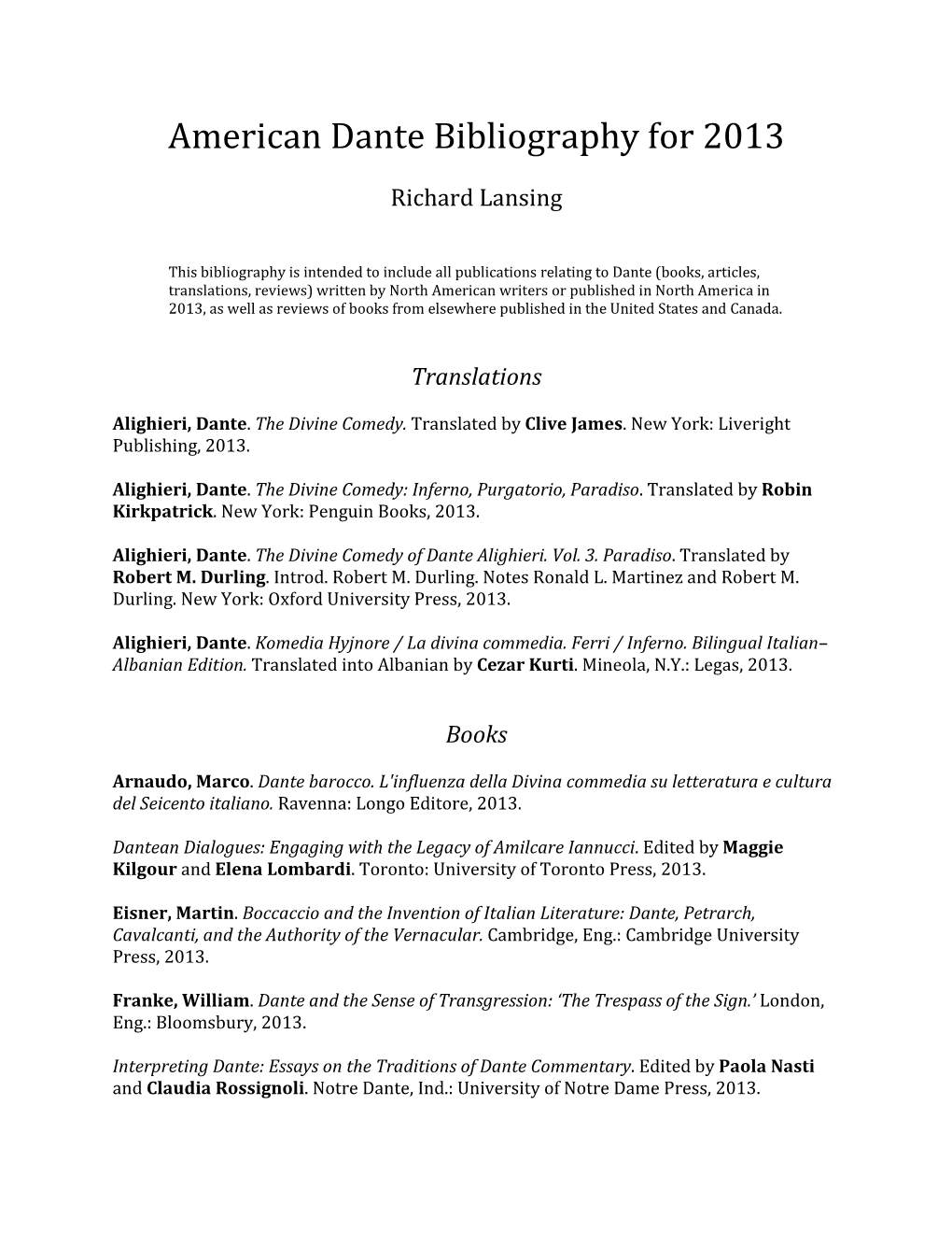 American Dante Bibliography for 2013
