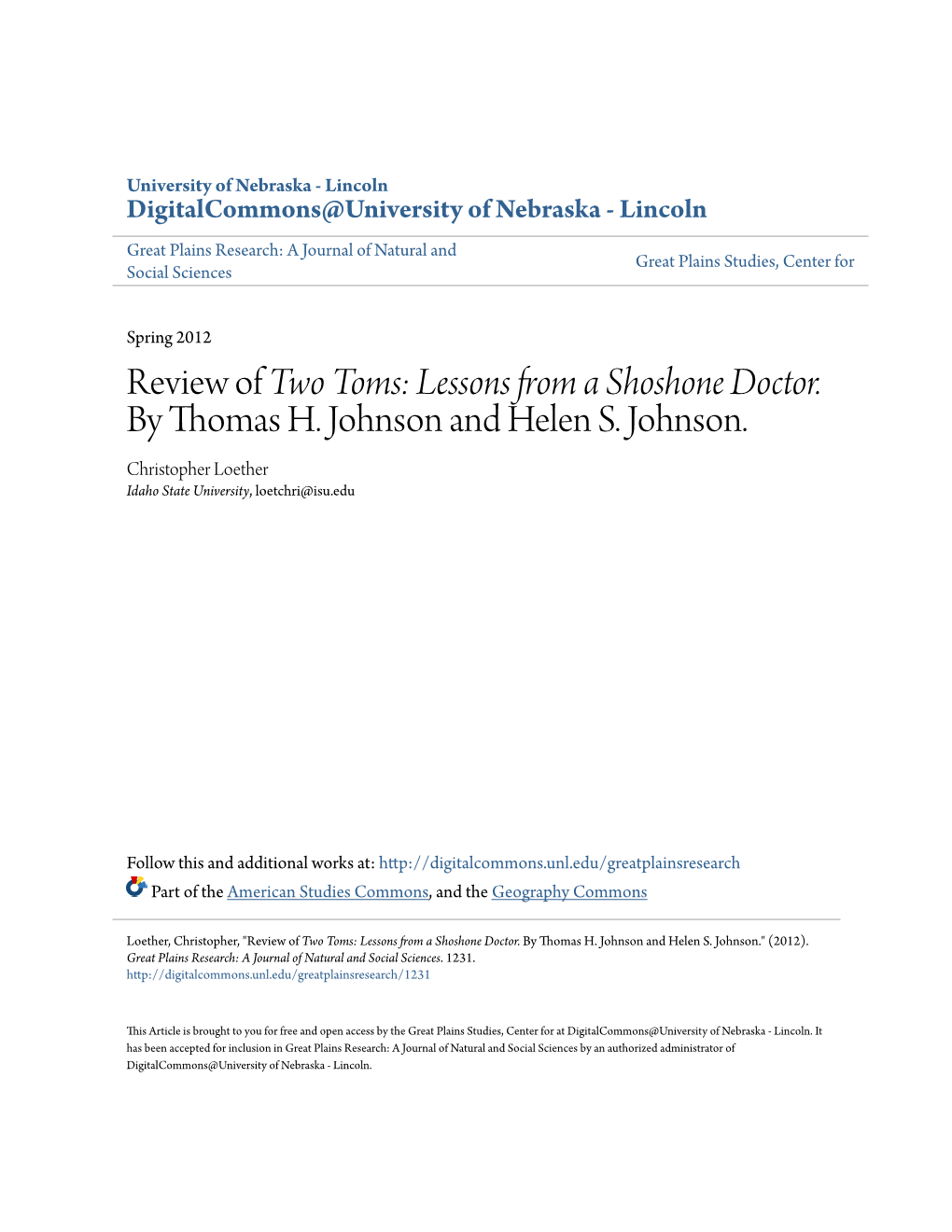 Review of Two Toms: Lessons from a Shoshone Doctor. by Thomas H