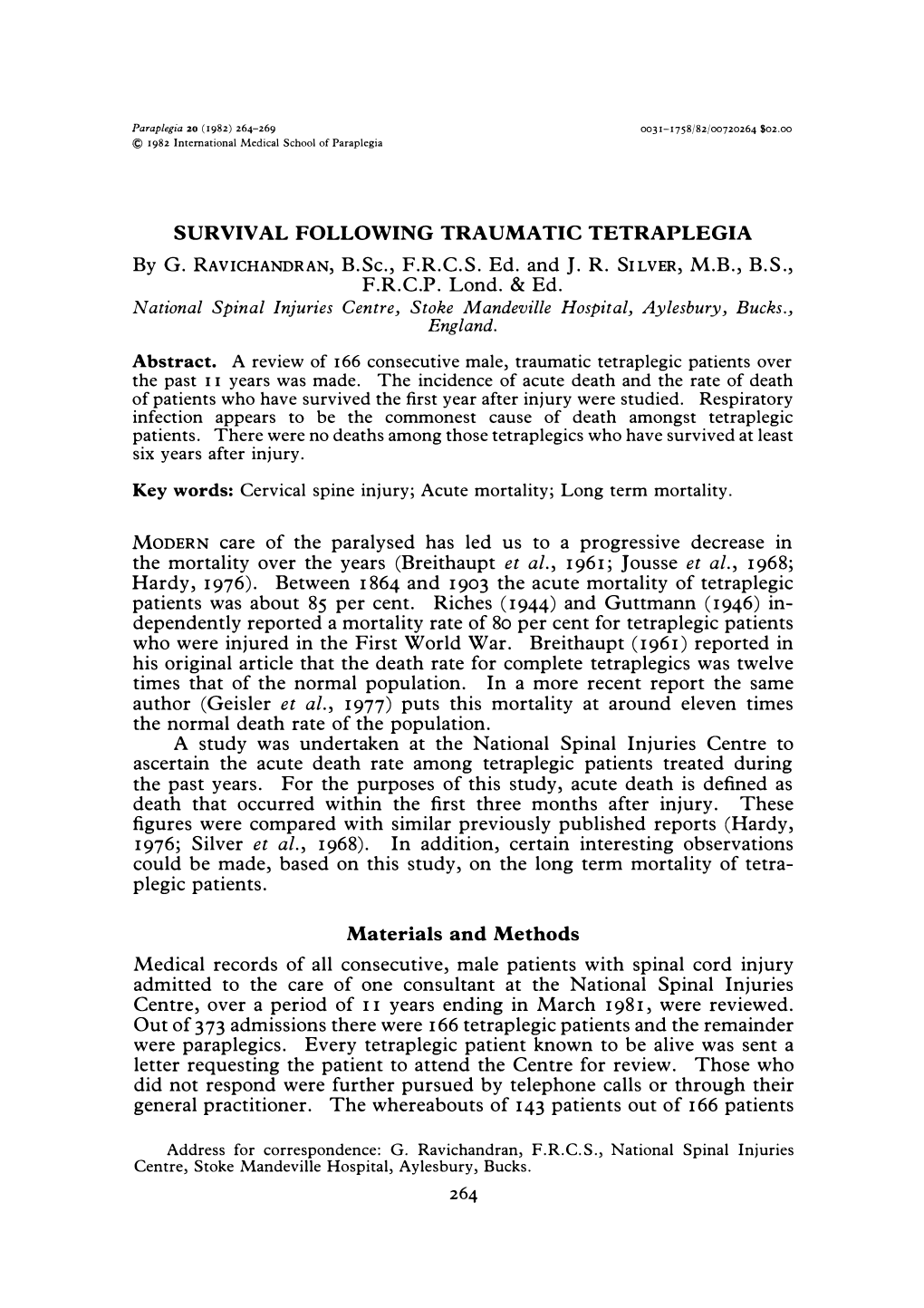 Survival Following Traumatic Tetraplegia