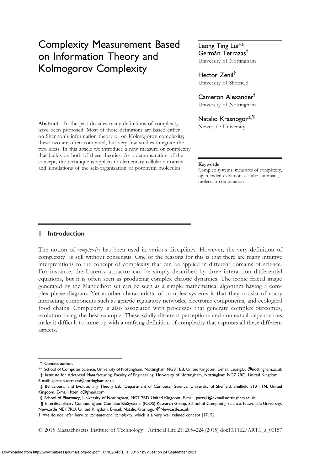 Complexity Measurement Based on Information Theory and Kolmogorov Complexity