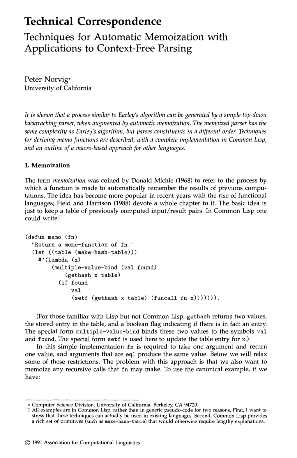 Technical Correspondence Techniques for Automatic Memoization with Applications to Context-Free Parsing