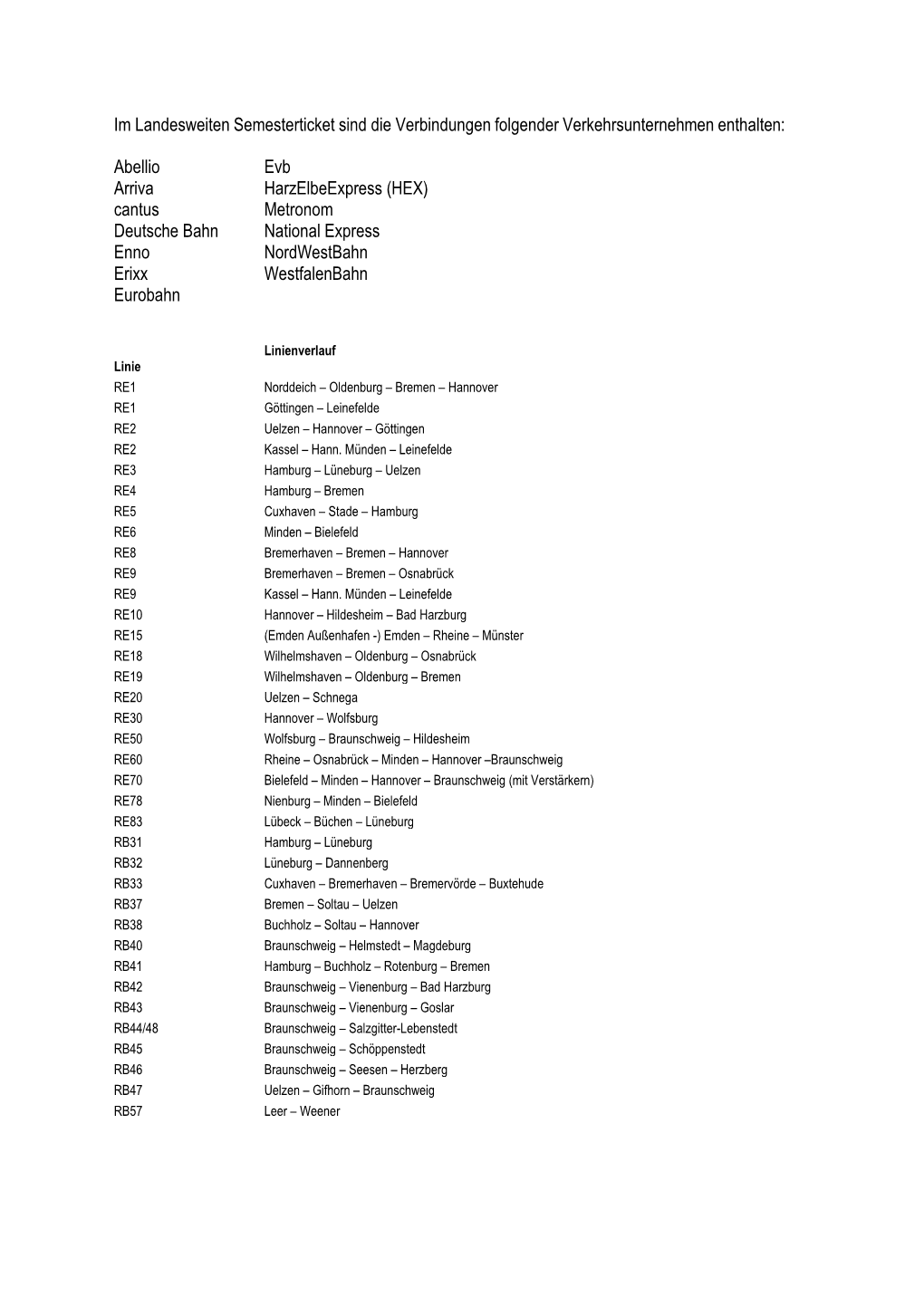 Im Landesweiten Semesterticket Sind Die Verbindungen Folgender Verkehrsunternehmen Enthalten: Abellio Arriva Cantus Deutsche