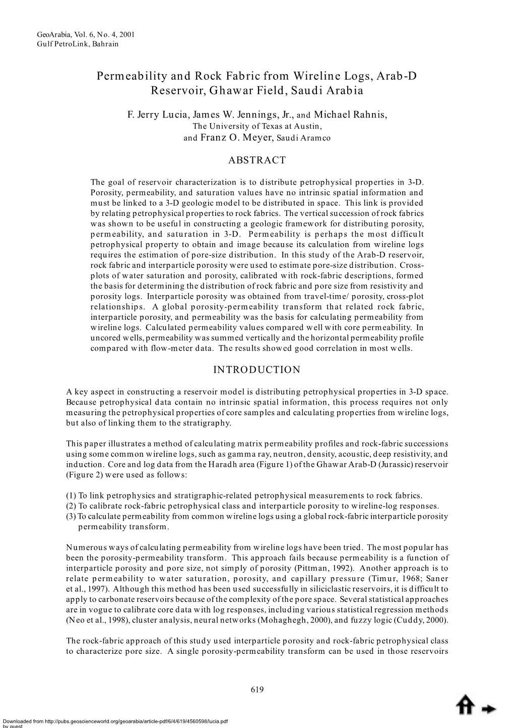 Permeability and Rock Fabric from Wireline Logs, Arab-D Reservoir, Ghawar Field, Saudi Arabia