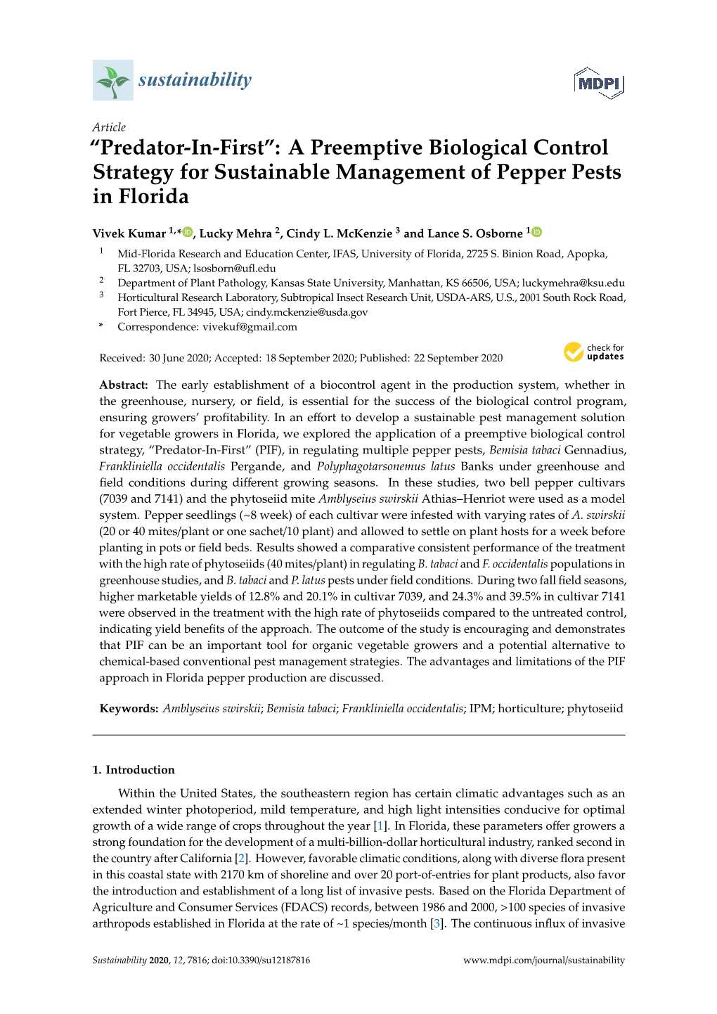 Predator-In-First”: a Preemptive Biological Control Strategy for Sustainable Management of Pepper Pests in Florida