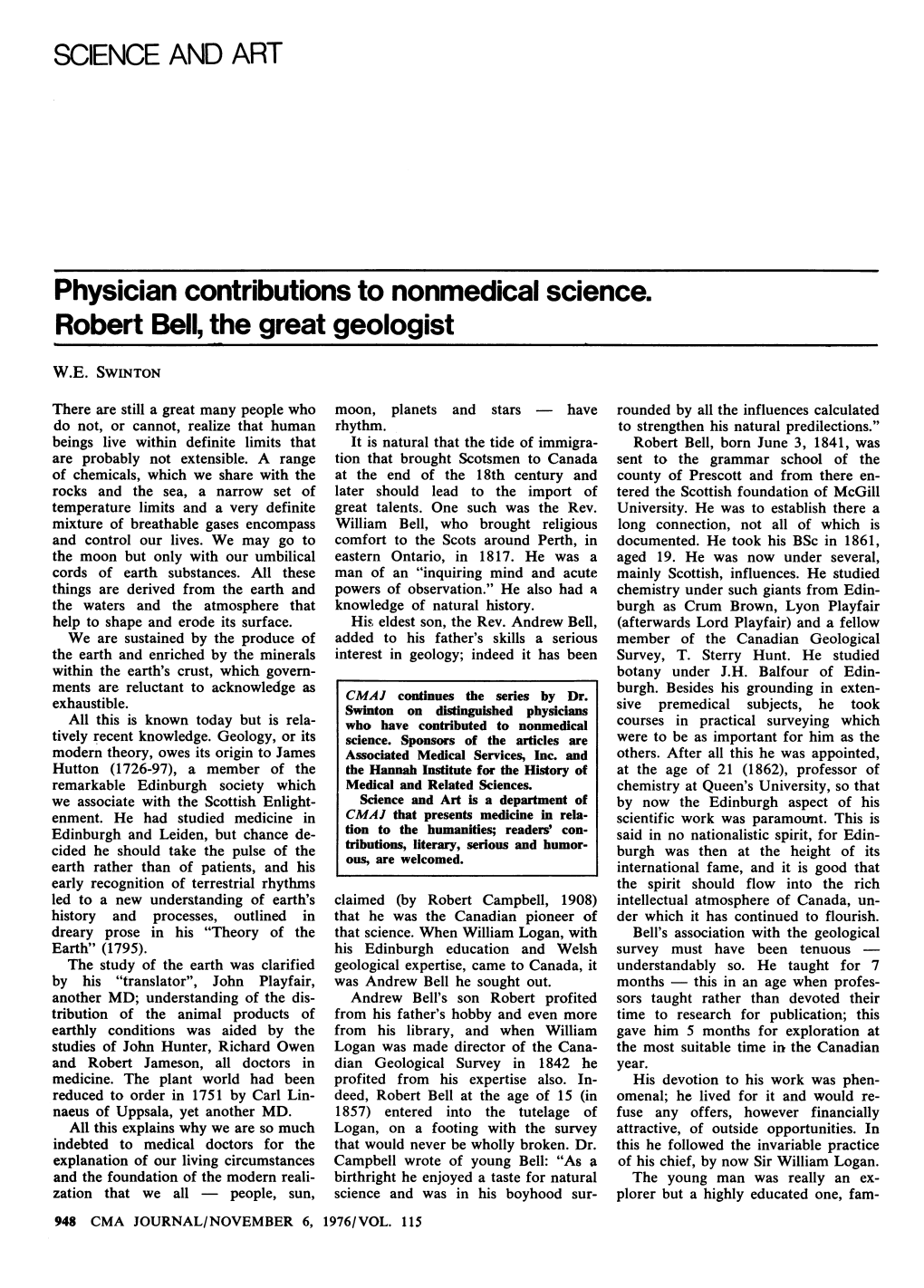 Physician Contributions to Nonmedical Science. Robert Bell, the Great Geologist