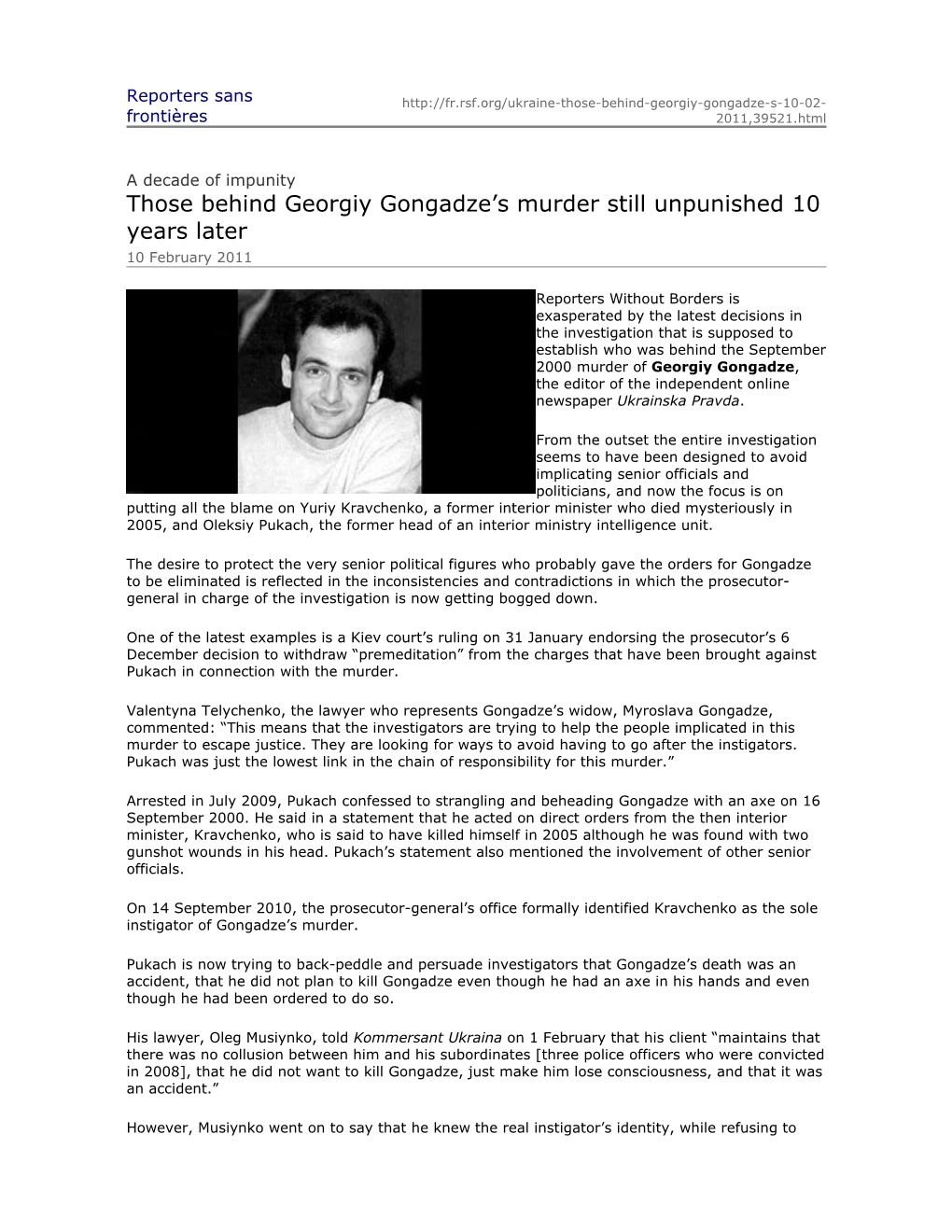 Those Behind Georgiy Gongadze's Murder Still Unpunished 10 Years Later