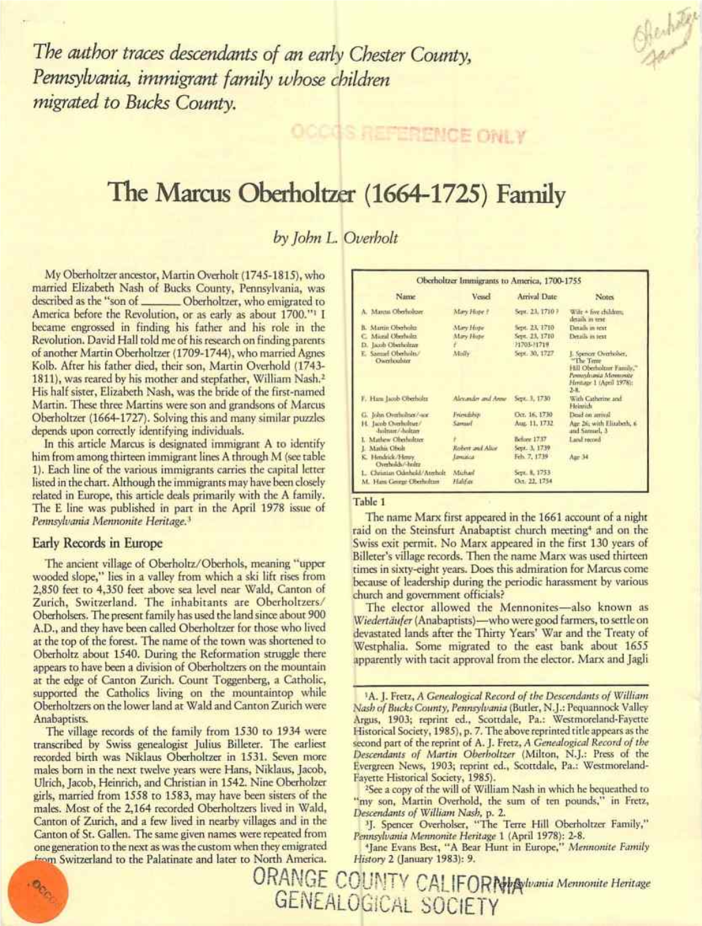 The Marcus Oberholtzer (1664-1725) Family