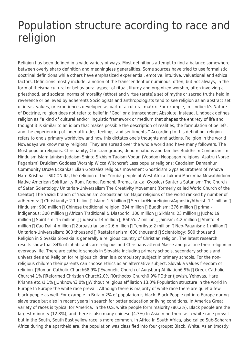 Population Structure Acording to Race and Religion