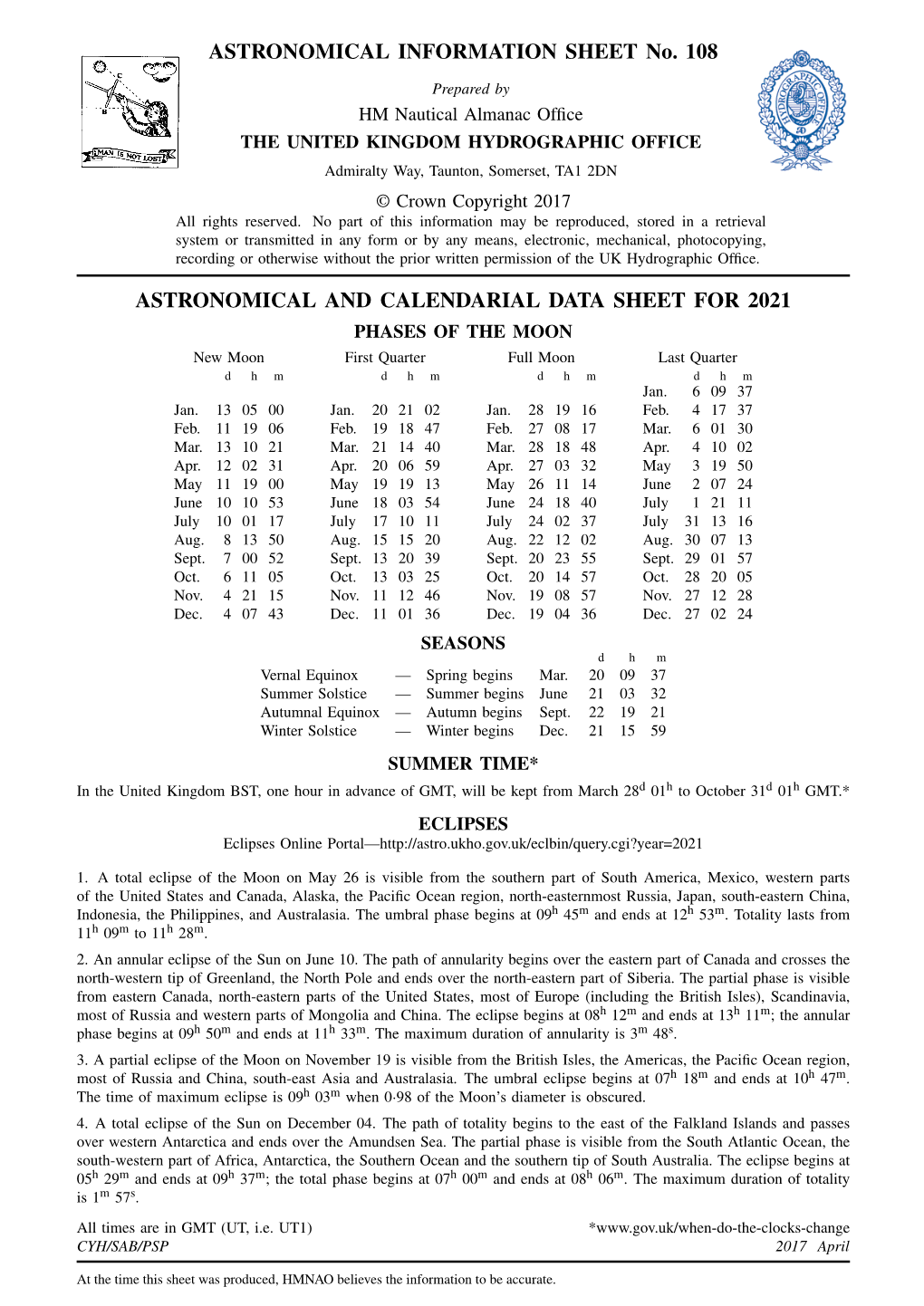 ASTRONOMICAL INFORMATION SHEET No. 108