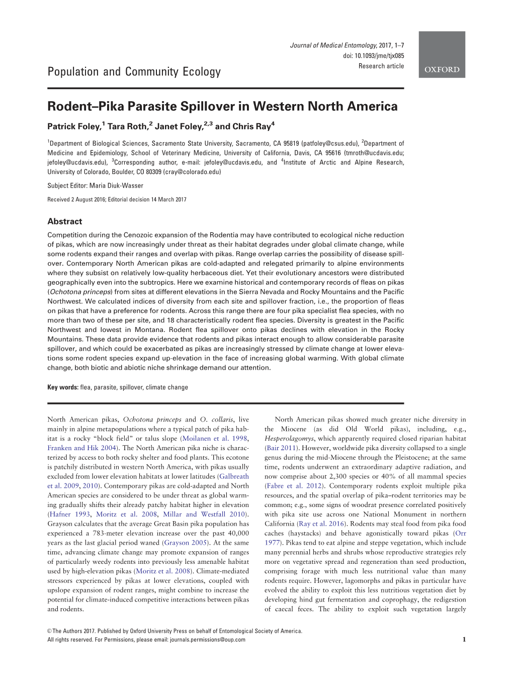 Rodent–Pika Parasite Spillover in Western North America