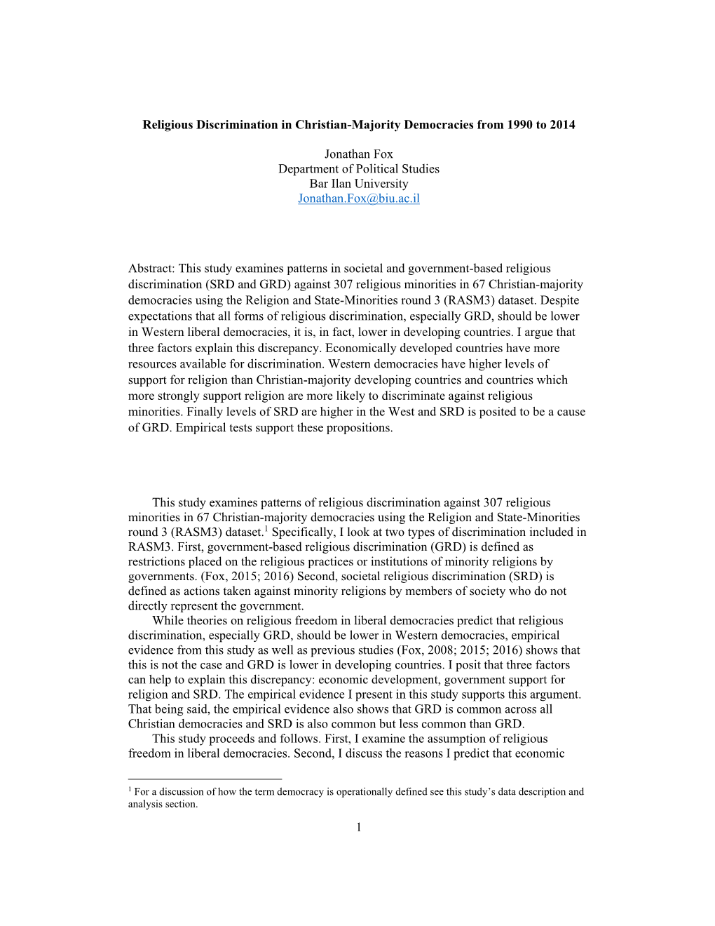 1 Religious Discrimination in Christian-Majority Democracies from 1990 To