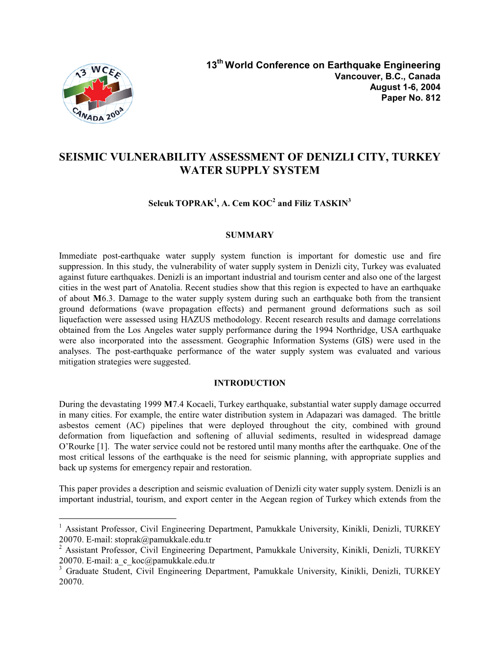 Seismic Vulnerability Assessment of Denizli City, Turkey Water Supply System