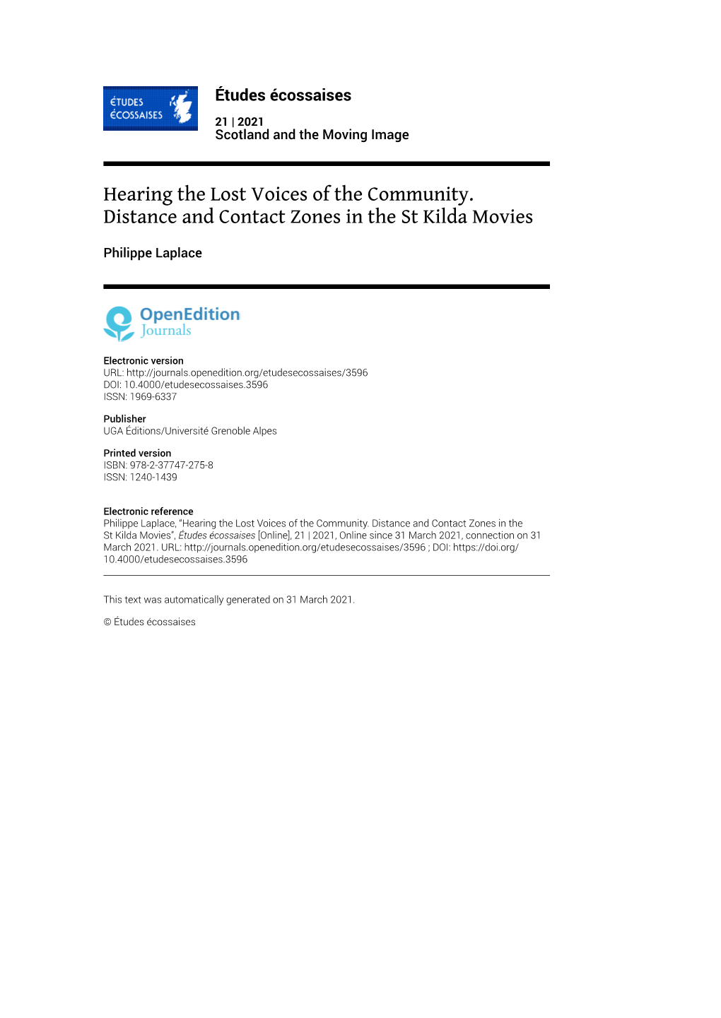 Études Écossaises, 21 | 2021 Hearing the Lost Voices of the Community