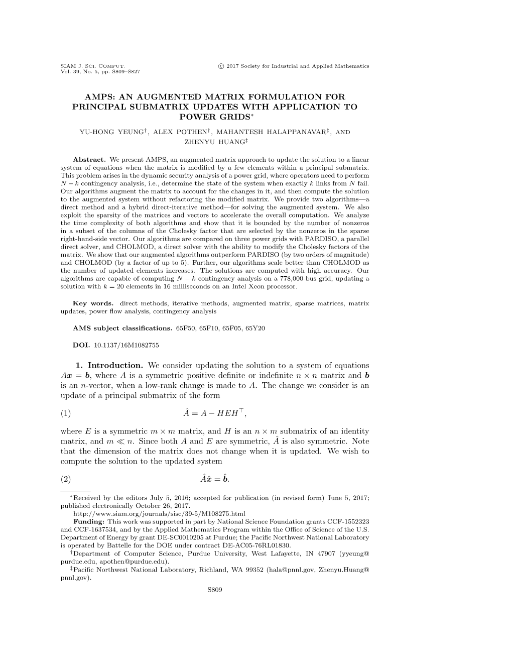 Amps: an Augmented Matrix Formulation for Principal Submatrix Updates with Application to Power Grids∗