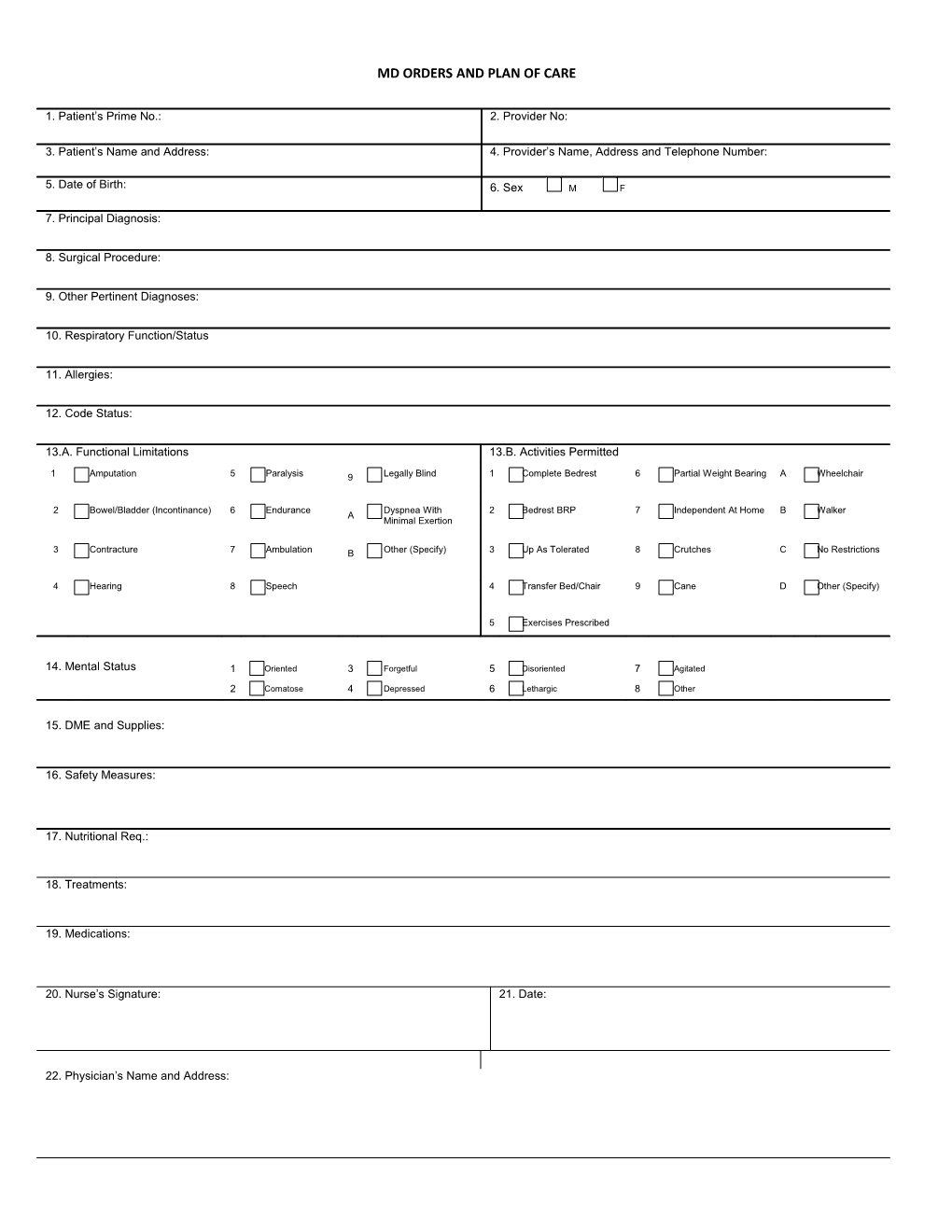 MD Orders And Plan Of Care Form