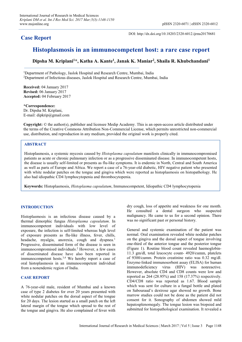 Histoplasmosis in an Immunocompetent Host: a Rare Case Report