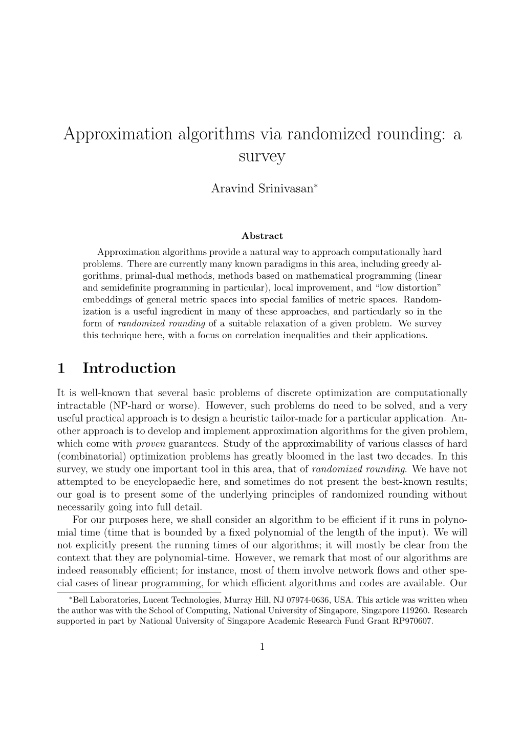 Approximation Algorithms Via Randomized Rounding: a Survey