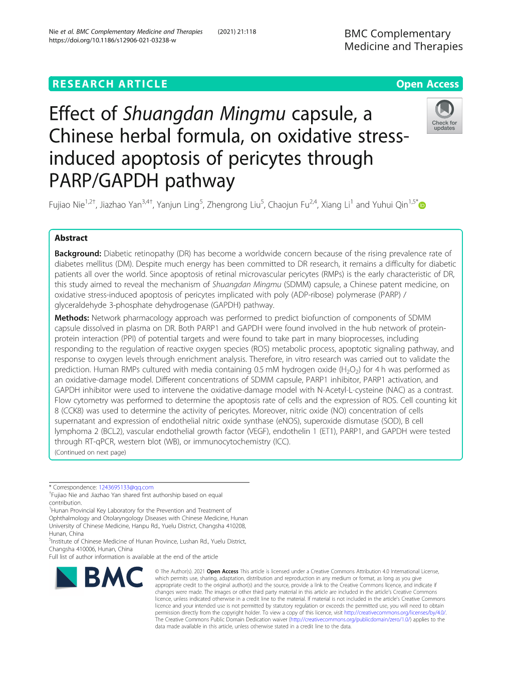 Effect of Shuangdan Mingmu Capsule, a Chinese Herbal Formula, on Oxidative Stress-Induced Apoptosis of Pericytes Through PARP/GA