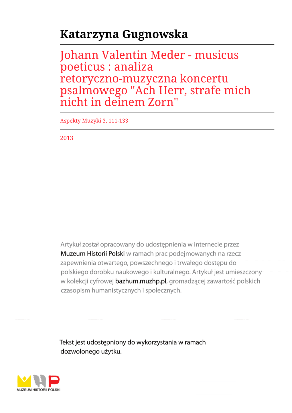 Katarzyna Gugnowska Johann Valentin Meder - Musicus Poeticus : Analiza Retoryczno-Muzyczna Koncertu Psalmowego "Ach Herr, Strafe Mich Nicht in Deinem Zorn"