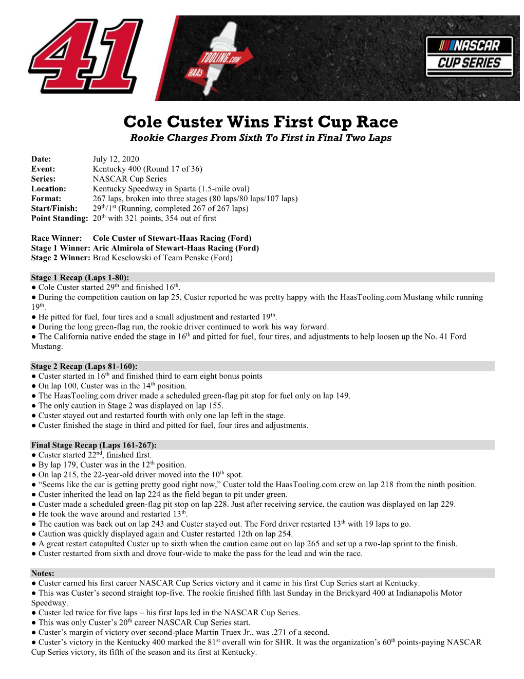 Cole Custer Wins First Cup Race Rookie Charges from Sixth to First in Final Two Laps