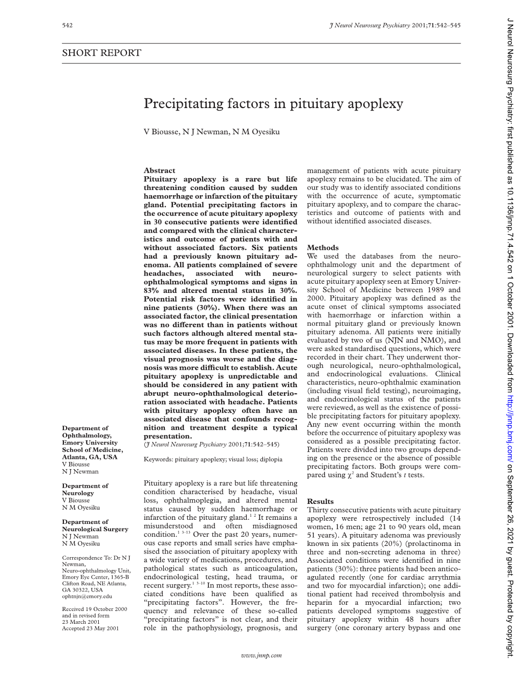 Precipitating Factors in Pituitary Apoplexy