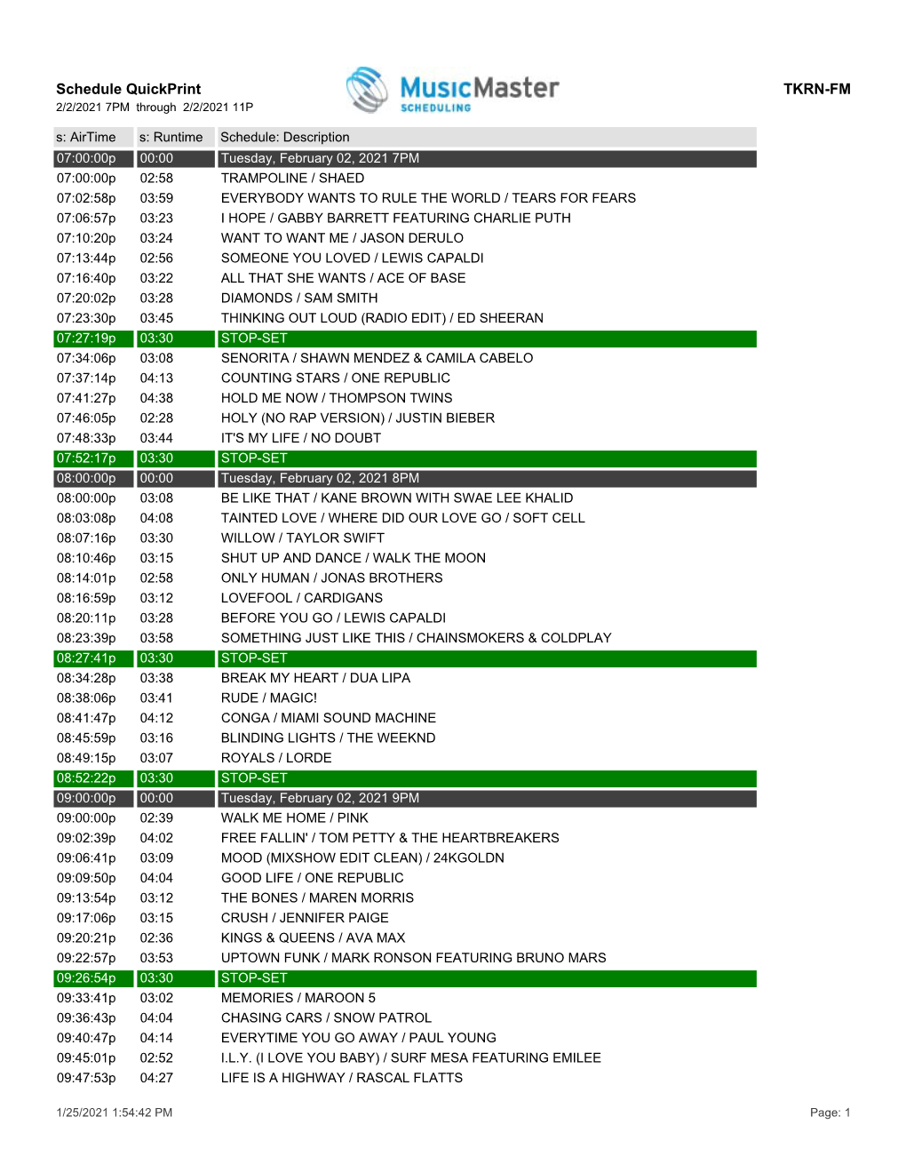 Schedule Quickprint TKRN-FM