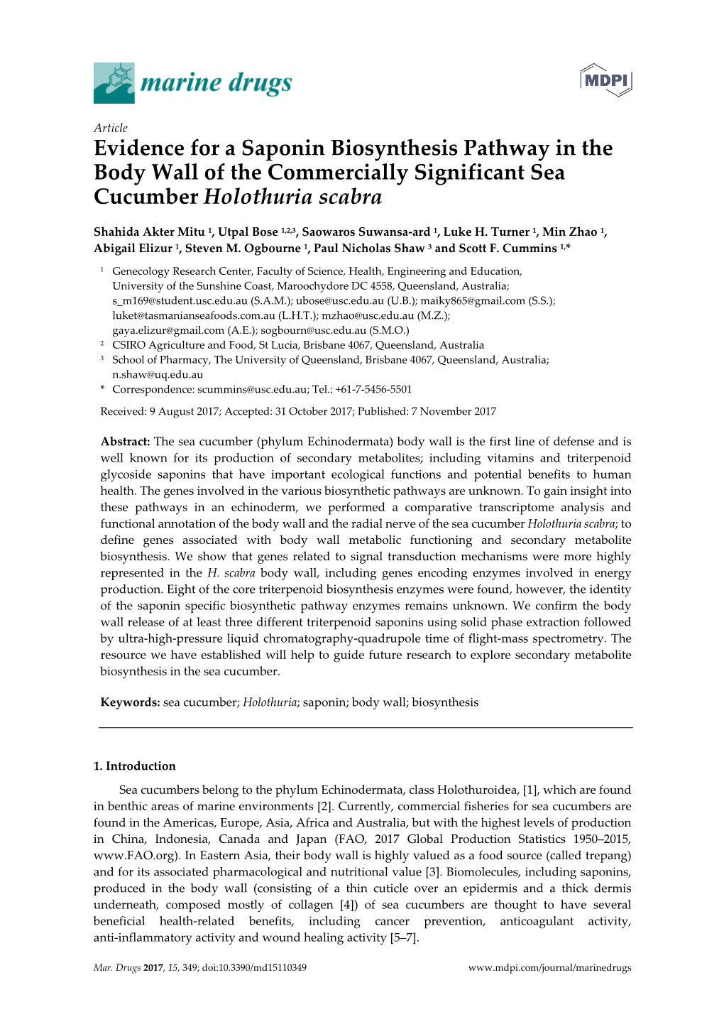 Evidence for a Saponin Biosynthesis Pathway in the Body Wall of the Commercially Significant Sea Cucumber Holothuria Scabra