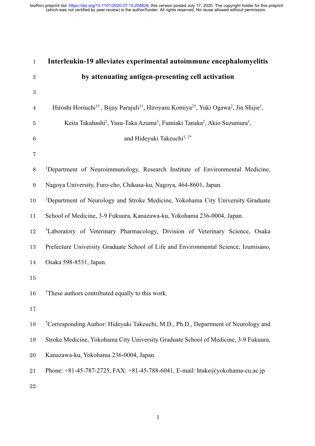 Interleukin-19 Alleviates Experimental Autoimmune Encephalomyelitis by Attenuating Antigen-Presenting Cell Activation