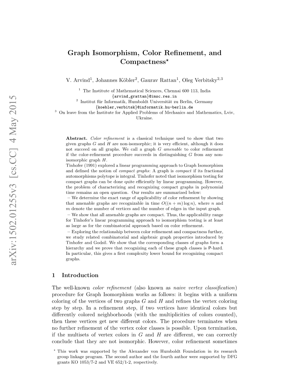 Arxiv:1502.01255V3 [Cs.CC] 4 May 2015 Ftemlieso Etxclr in Colors Vertex Possible Te of Is Procedure Classes Multisets Color the the Vertex Colors