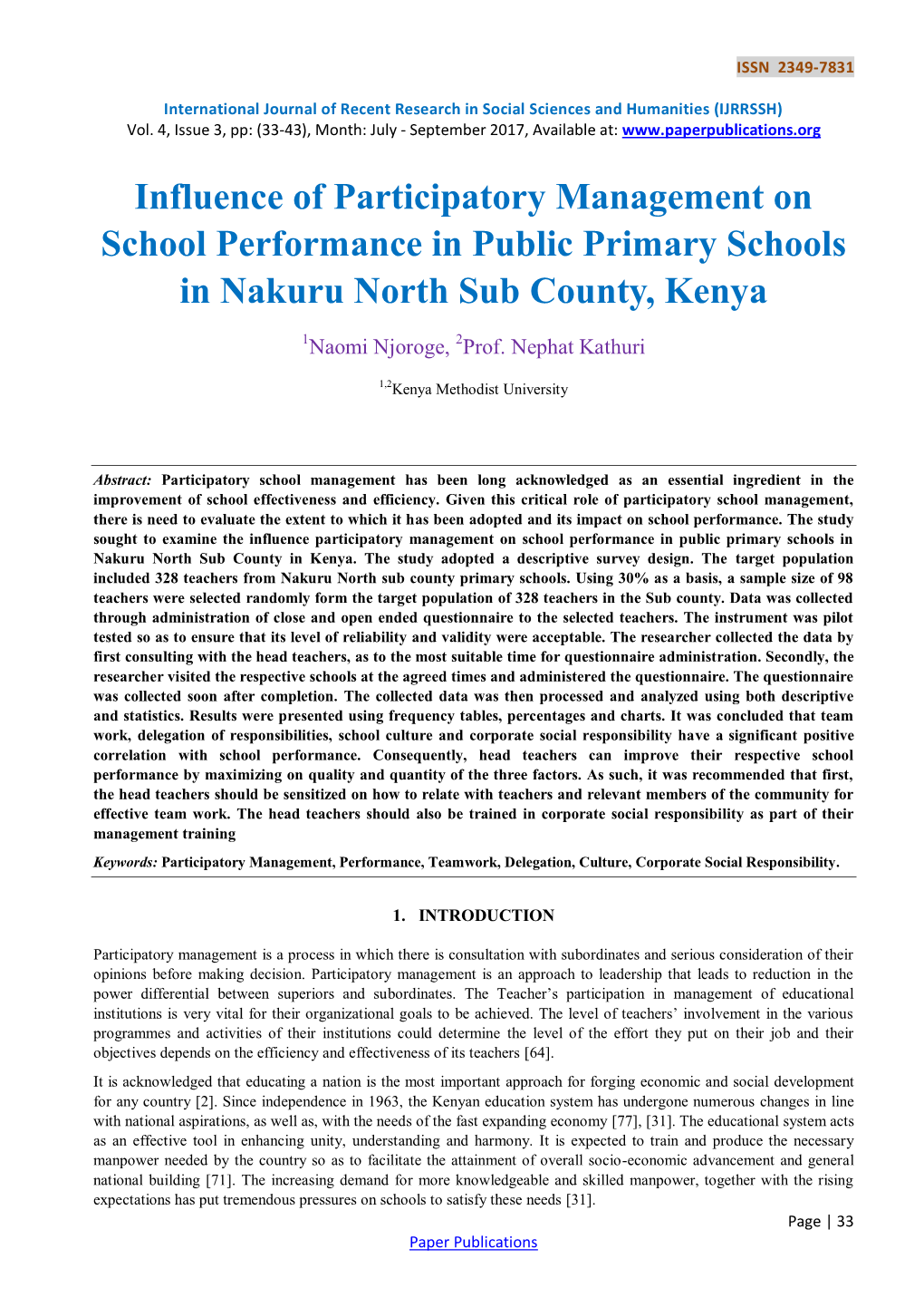 Influence of Participatory Management on School Performance in Public Primary Schools in Nakuru North Sub County, Kenya