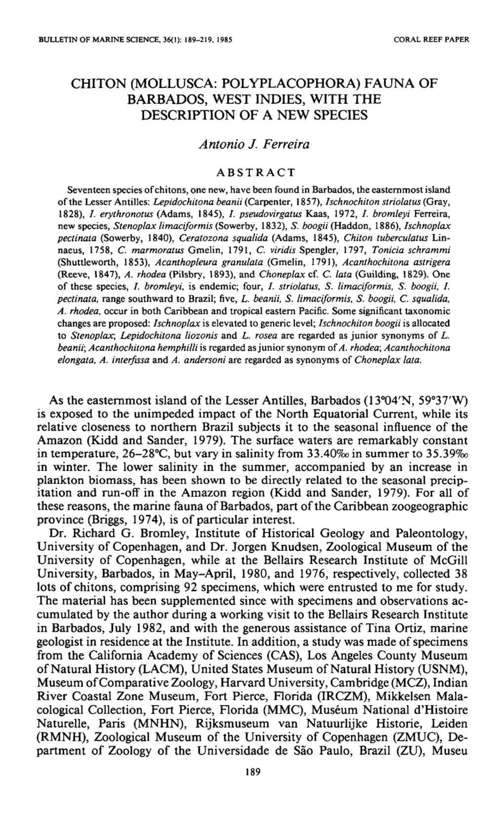 Chiton (Mollusca: Polyplacophora) Fauna of Barbados, West Indies, with the Description of a New Species