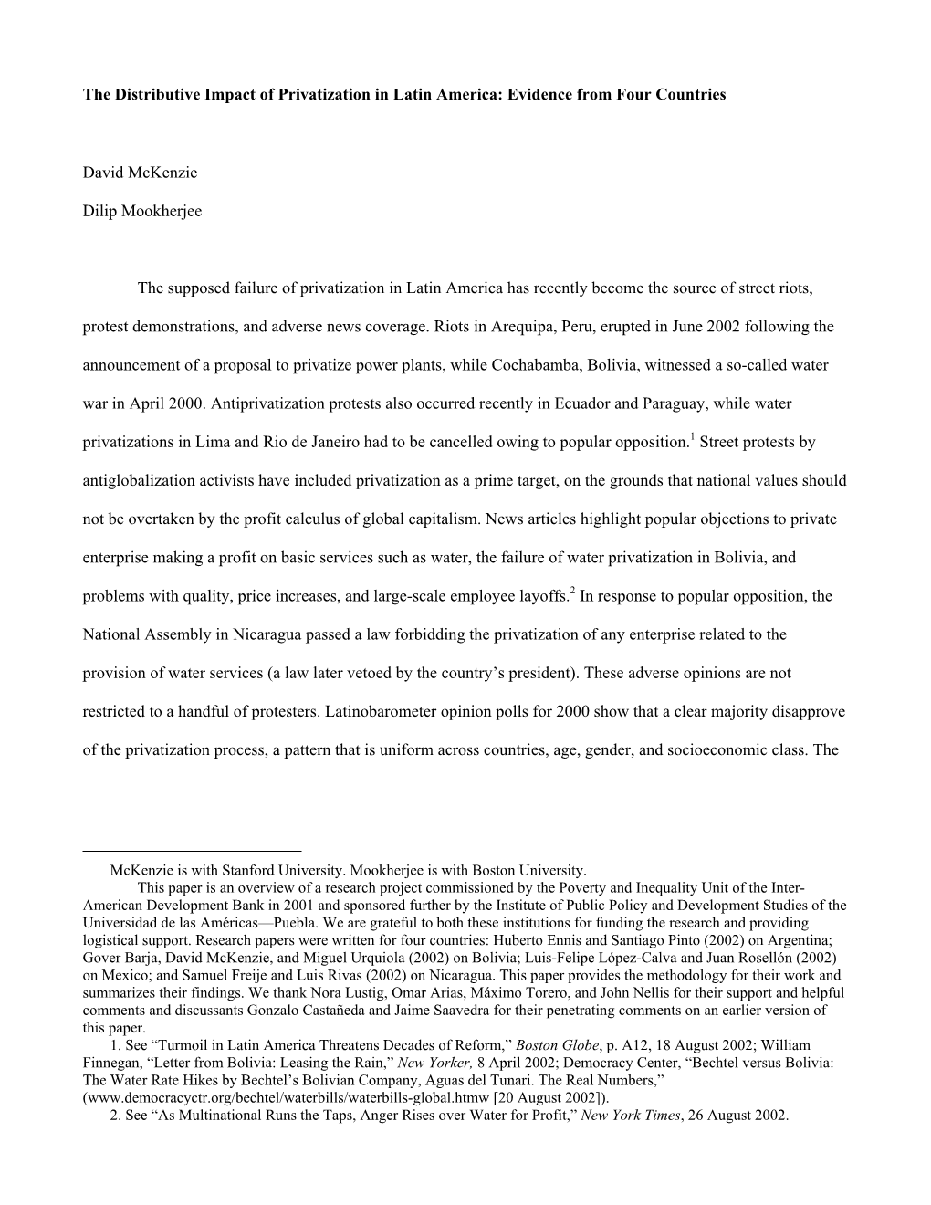 The Distributive Impact of Privatization in Latin America: Evidence from Four Countries