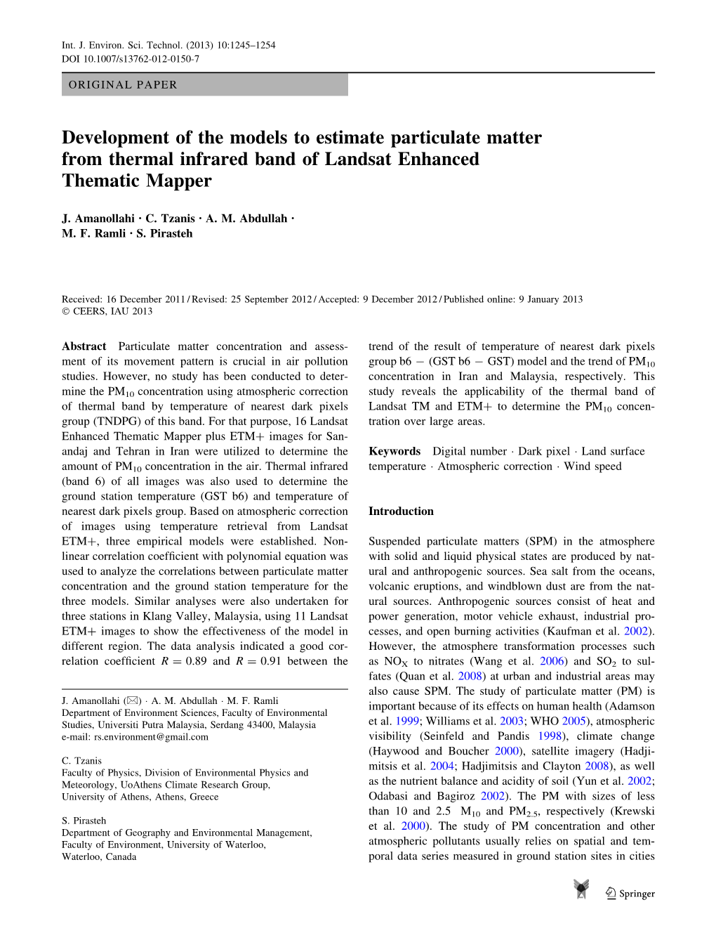 Development of the Models to Estimate Particulate Matter from Thermal Infrared Band of Landsat Enhanced Thematic Mapper