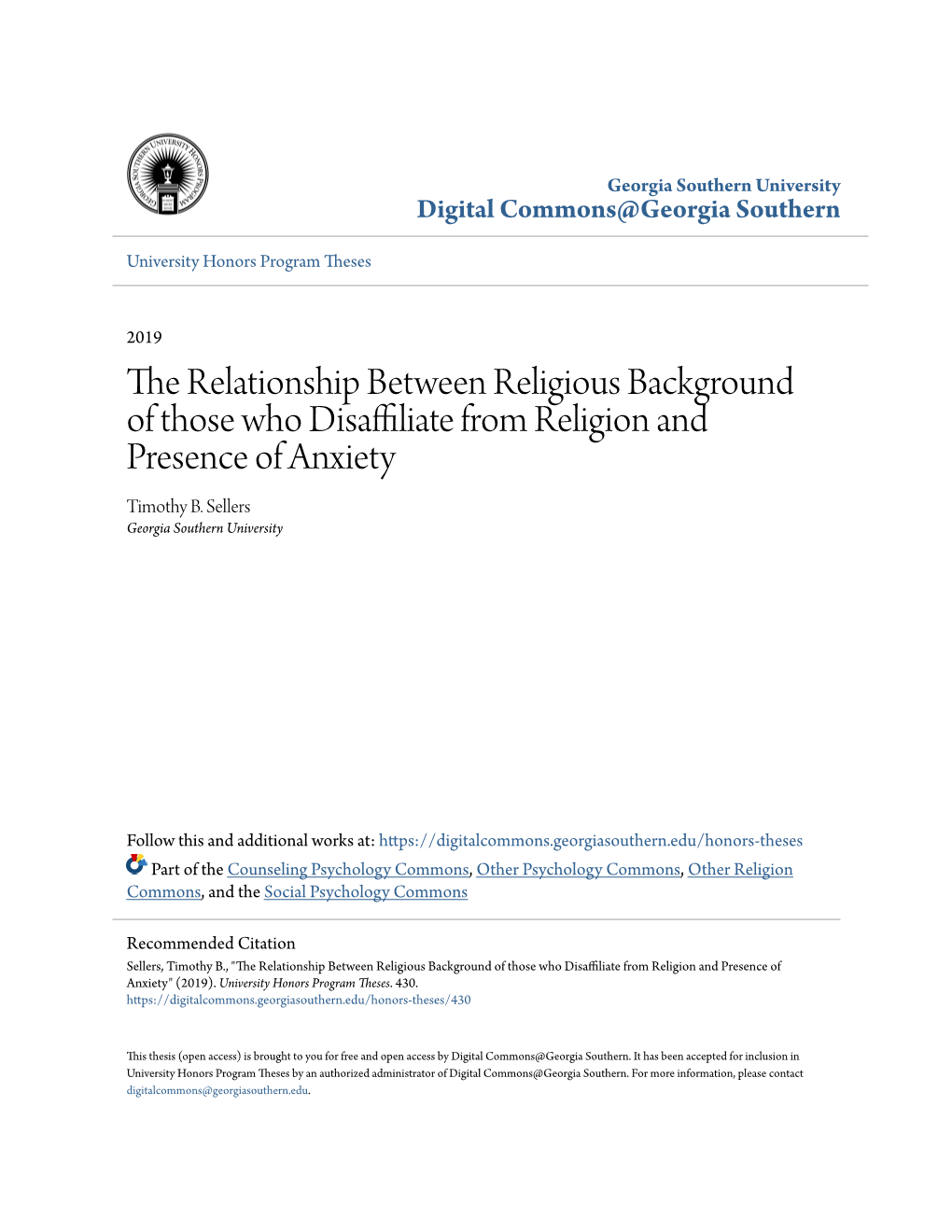The Relationship Between Religious Background of Those Who Disaffiliate from Religion and Presence of Anxiety Timothy B
