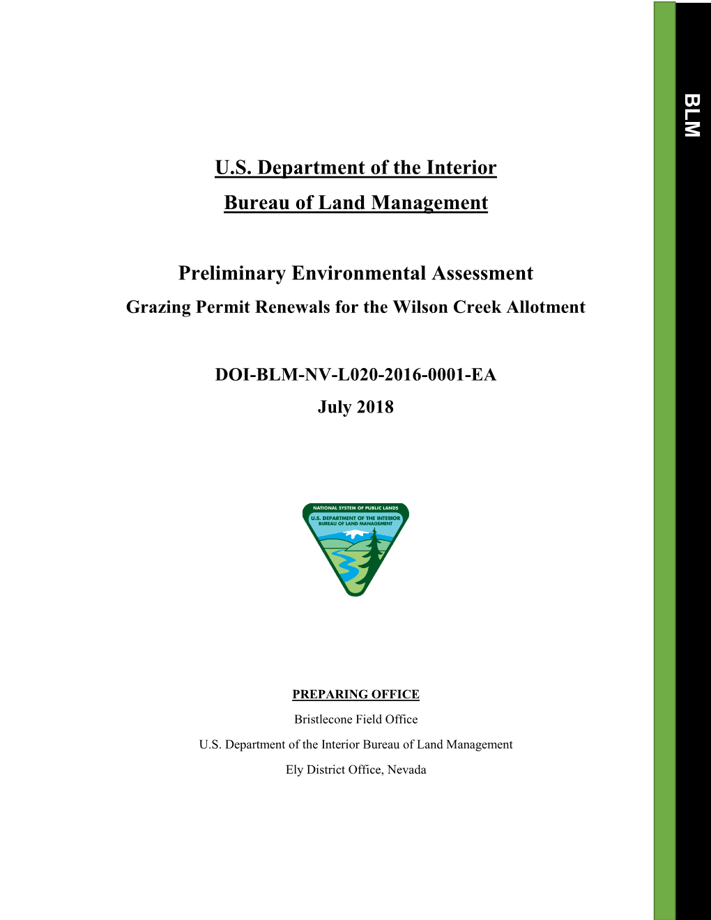 Grazing Permit Renewals for the Wilson Creek Allotment DOI-BLM