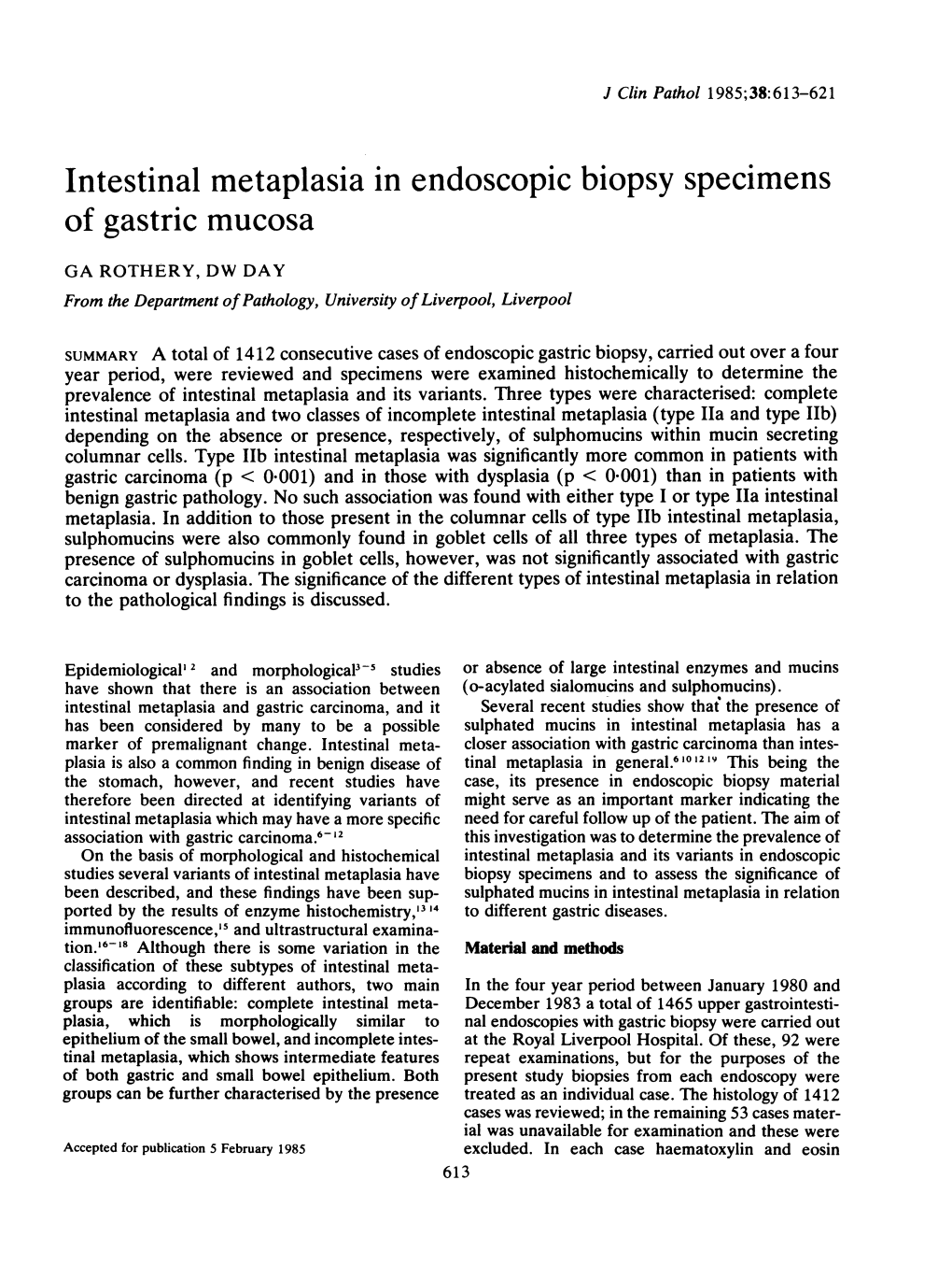 Intestinal Metaplasia in Endoscopic Biopsy Specimens of Gastric Mucosa