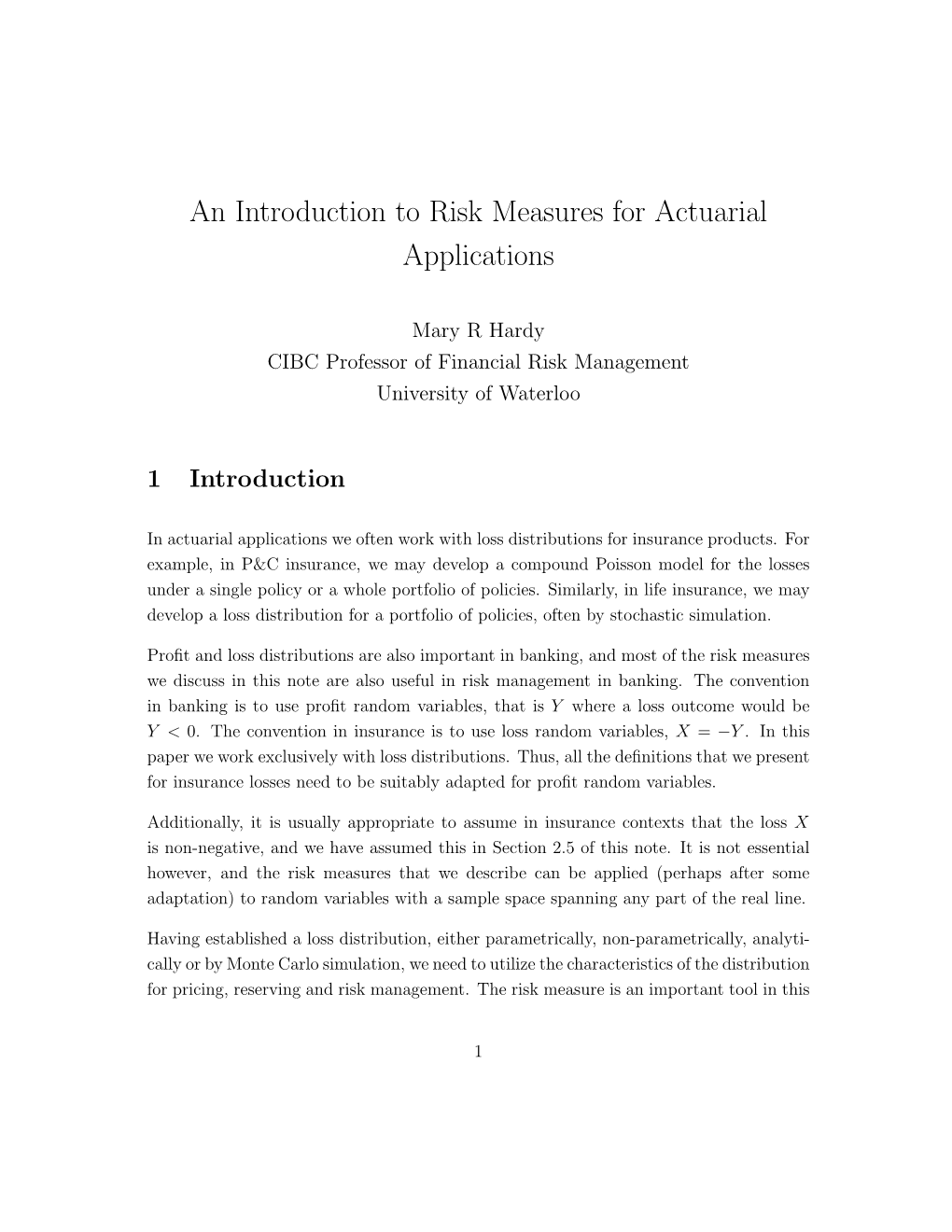 An Introduction to Risk Measures for Actuarial Applications