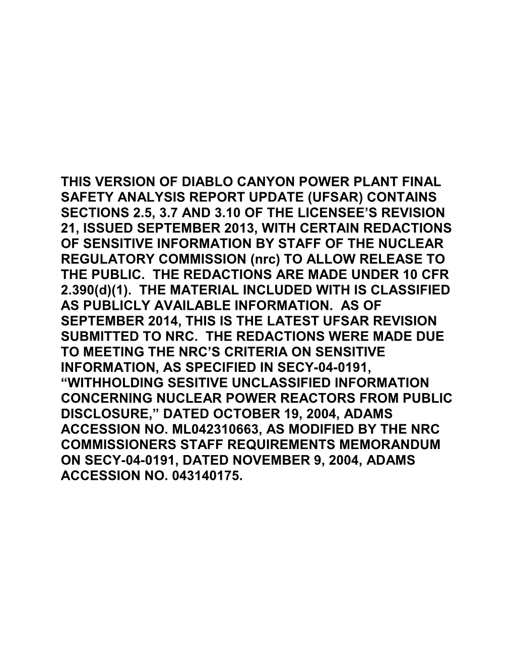 Diablo Canyon Power Plant Units 1 and 2 Final Safety Analysis Report Update