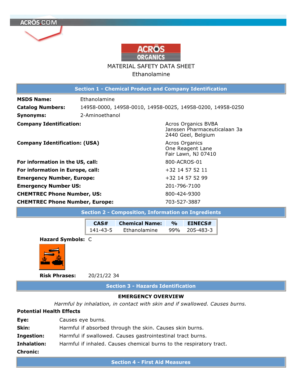 MATERIAL SAFETY DATA SHEET Ethanolamine