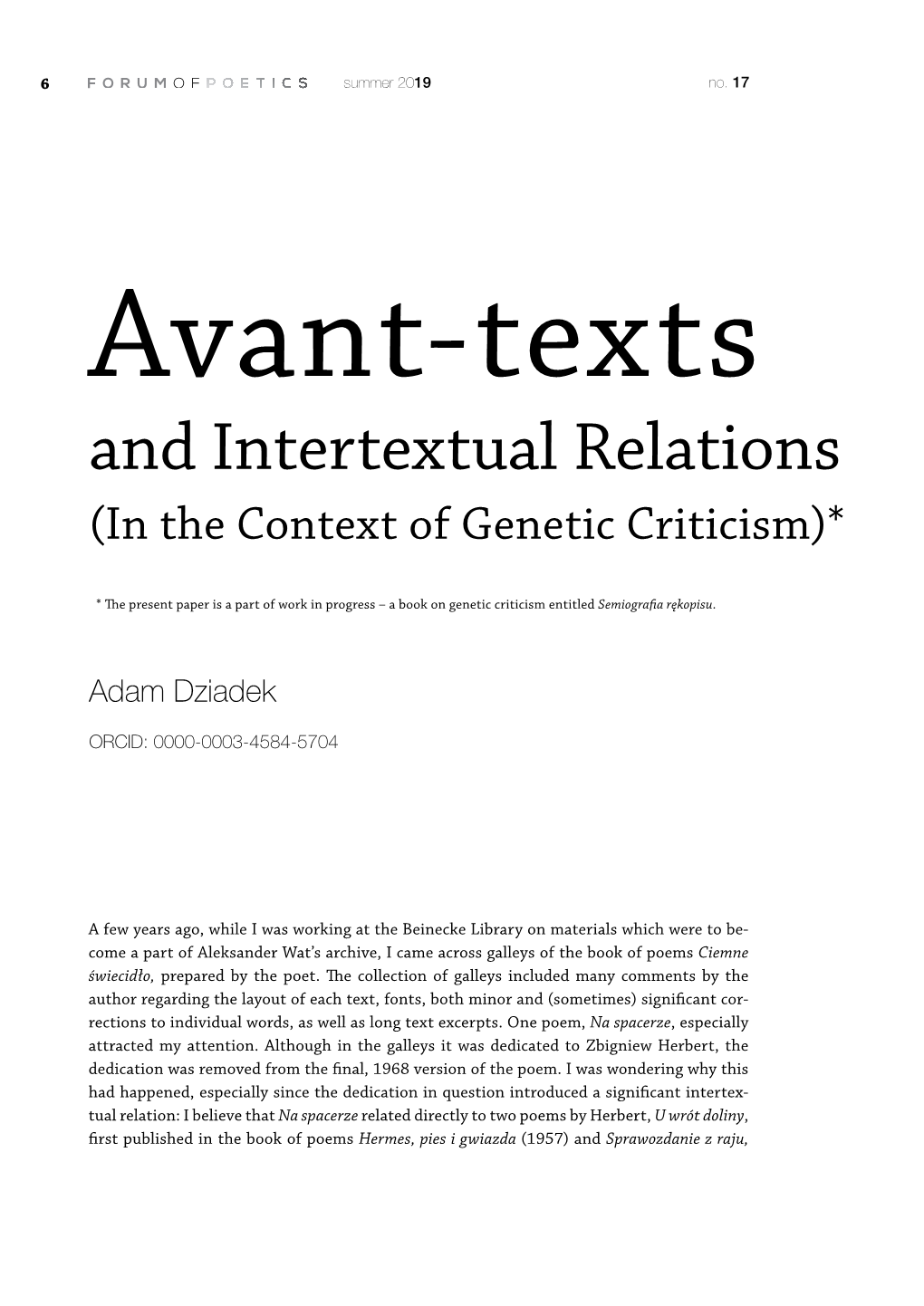 Avant-Texts and Intertextual Relations (In the Context of Genetic Criticism)*