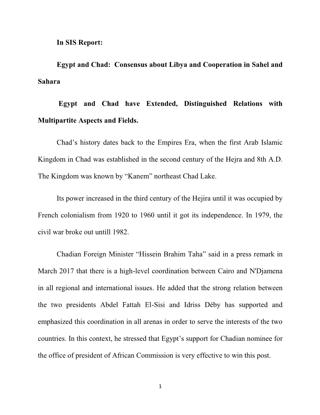 In SIS Report: Egypt and Chad