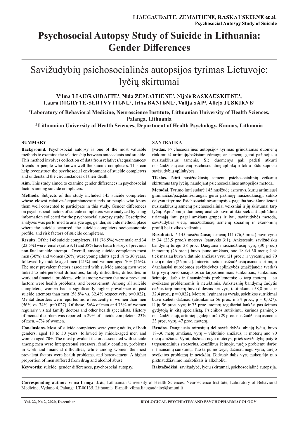 Psychosocial Autopsy Study of Suicide in Lithuania: Gender Differences